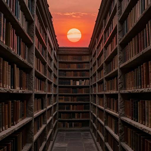 Photograph of a library aisle with towering bookshelves on both sides, leading to a vibrant red sunset and full moon in the background.