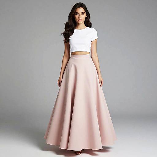 Photograph of a young woman with long black hair, wearing a white crop top and a pink, high-waisted, A-line skirt, standing