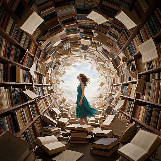 Digital art of a woman in a blue dress, standing amidst a swirling vortex of books and papers, emerging into bright light.