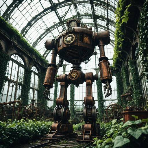 Gigantic Rusted Steampunk Automaton in Abandoned Victorian Greenhouse