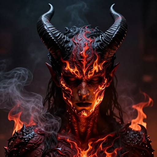 Digital artwork of a demonic figure with glowing red-orange flames covering its face and black, twisted horns, set against a dark, smoky background.