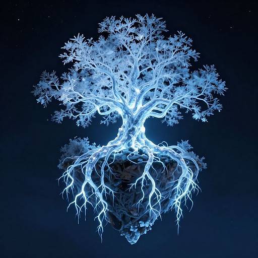 Glowing blue tree with intricate branches and roots floating against a dark blue starry background, digitally rendered with luminescent effects.