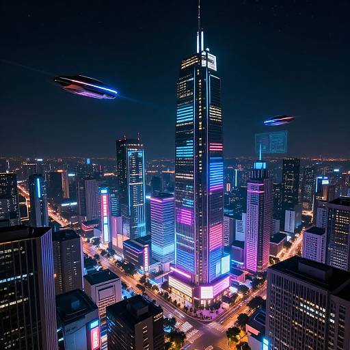 Aerial photograph of a neon-lit, futuristic cityscape at night, featuring brightly colored skyscrapers with glowing blue, pink, and purple lights