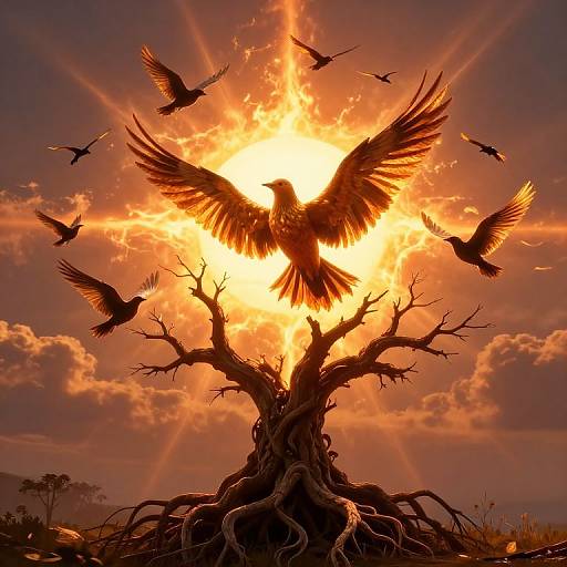 Photograph of a silhouetted, leafless tree with sprawling roots, surrounded by flying birds, against a radiant, orange sunset sky.