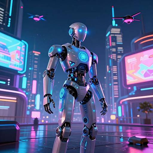 CGI image of a futuristic, glowing blue and white humanoid robot standing in a neon-lit, cyberpunk cityscape at night.