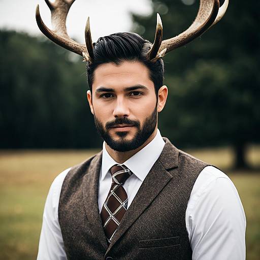 Man Wearing Stag Antler Headpiece in Formal Attire