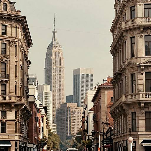 Photograph of a narrow urban street flanked by ornate, beige buildings, leading to the towering, iconic Empire State Building in the distance. Bright