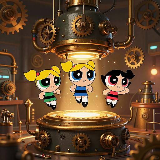 CGI image of three cartoon characters with large eyes, floating above a glowing, steampunk machinery with gears and pipes.