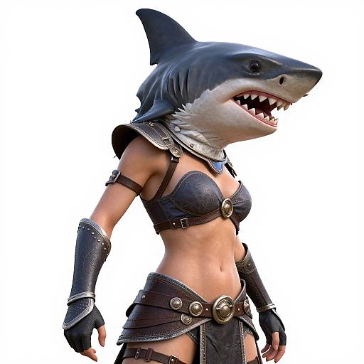 Digital artwork of a muscular woman with a shark head, wearing a leather armor set, black bra, and belt with buckles, standing against a plain