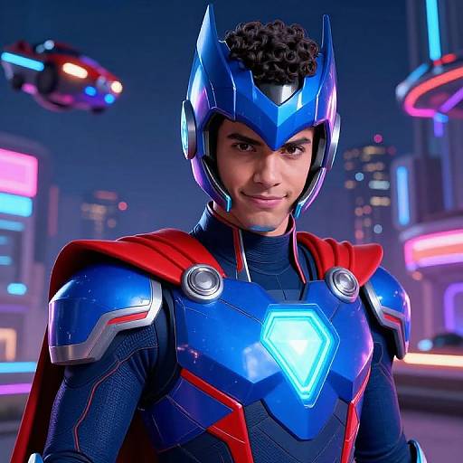 Photorealistic CGI of a young man with curly hair, wearing a blue and red superhero suit with a glowing chest emblem, standing in a neon-l