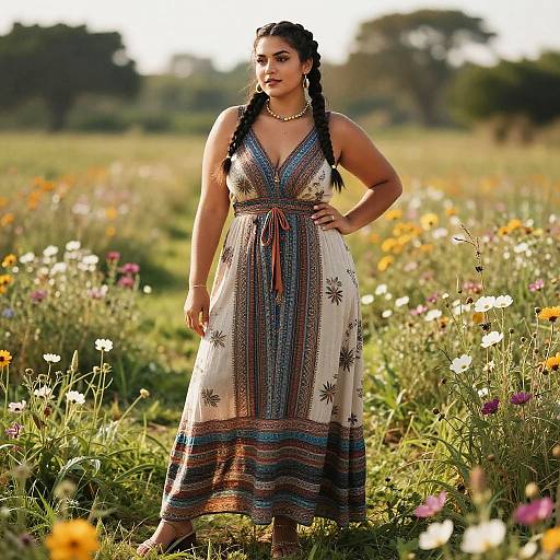 Photograph of a pregnant woman with dark braided hair, wearing a patterned, sleeveless, V-neck dress, standing in a colorful meadow