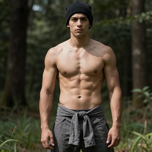 Muscular Man in Sunlit Forest