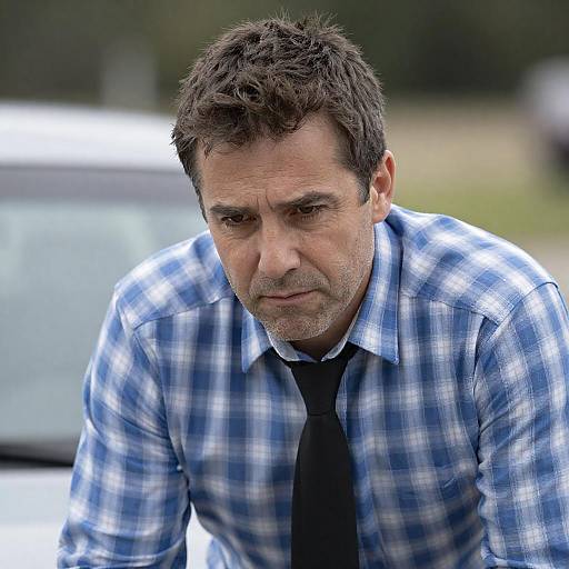 Serious Middle-Aged Man in Plaid Shirt and Tie