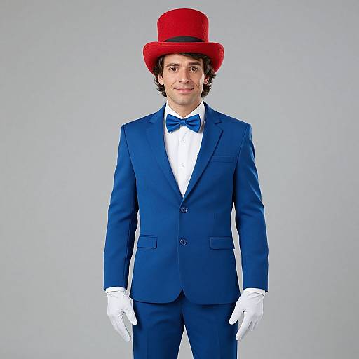 Photograph of a young man with medium skin tone, dark curly hair, wearing a blue suit, white shirt, blue bow tie, white gloves,