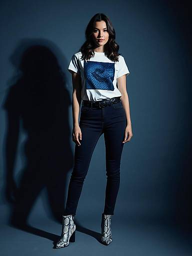 Casual Chic Woman in Graphic T-Shirt and Snakeskin Boots