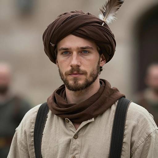 Young Man in Middle Ages Costume with Feathered Turban