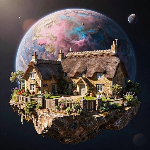 Fantastical digital artwork of a rustic stone cottage with thatched roof, surrounded by vibrant gardens, floating in space against a colorful, glowing Earth and
