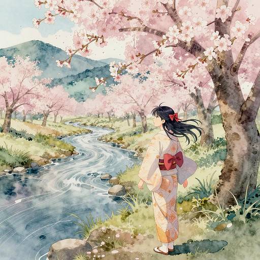 Digital anime-style drawing of a woman with long black hair in a pink kimono, standing by a winding stream under cherry blossoms.