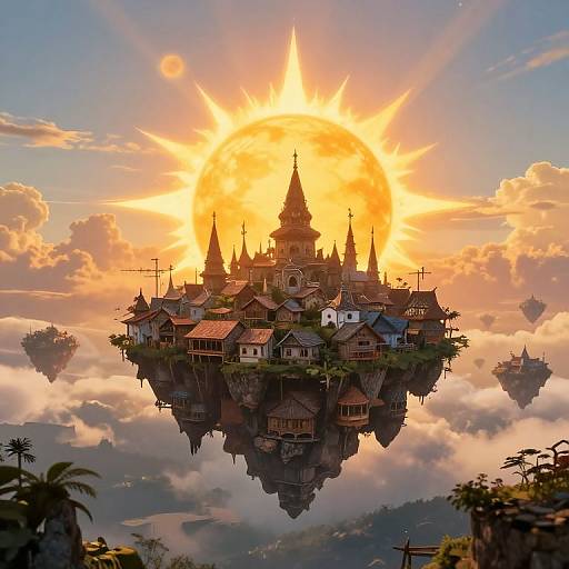 Fantasy illustration of a floating, sunlit village with pagodas and houses, surrounded by clouds, at sunrise, with smaller floating islands below.