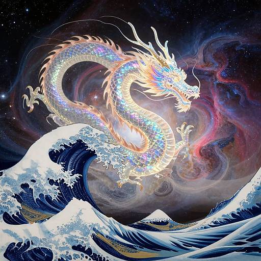 Digital art: a radiant, ethereal dragon with glowing scales and fiery mane emerging from crashing ocean waves against a starry, cosmic background.
