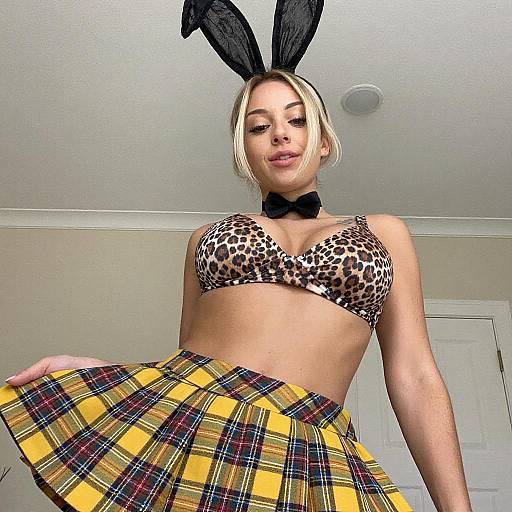 Blonde Woman in Bunny Ears and Plaid Skirt