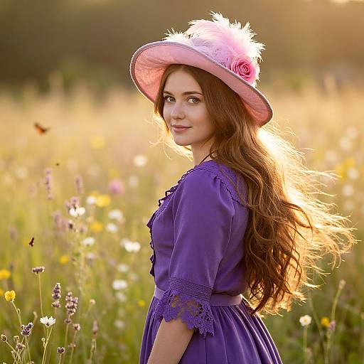 Photograph of a smiling brunette woman with long hair, wearing a purple lace dress and pink hat with feathers, standing in a sunlit meadow of