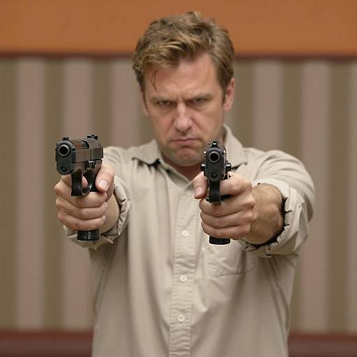Intense Man Aiming Handguns in Warm Light