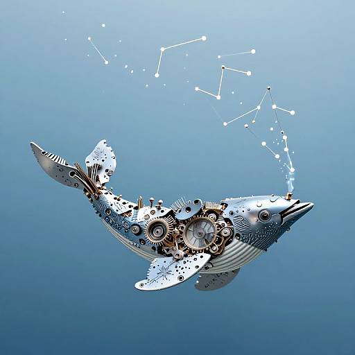 Digital art of a futuristic, mechanical fish with gears, wires, and constellations against a gradient blue underwater background.