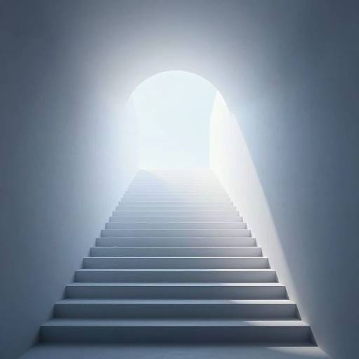Photograph of a minimalist, ascending white staircase with smooth steps, leading to a bright, overexposed white light at the top.