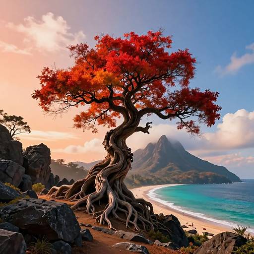 Photograph of a twisted, red-leaved tree on rocky beach with turquoise ocean, distant mountain, and sunset sky with pink and blue hues.