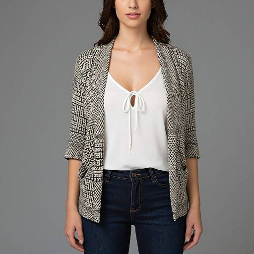 Photograph of a woman with medium-length dark hair, wearing a white V-neck blouse, black-and-white patterned blazer, and dark blue jeans