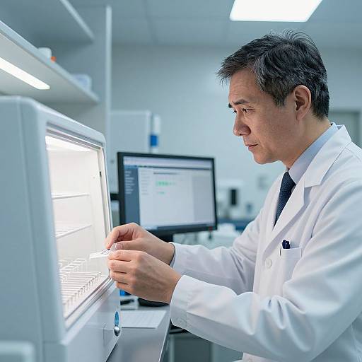 Photograph of an Asian male scientist in a white lab coat, black tie, and short black hair, operating a bright screen laboratory device in a modern