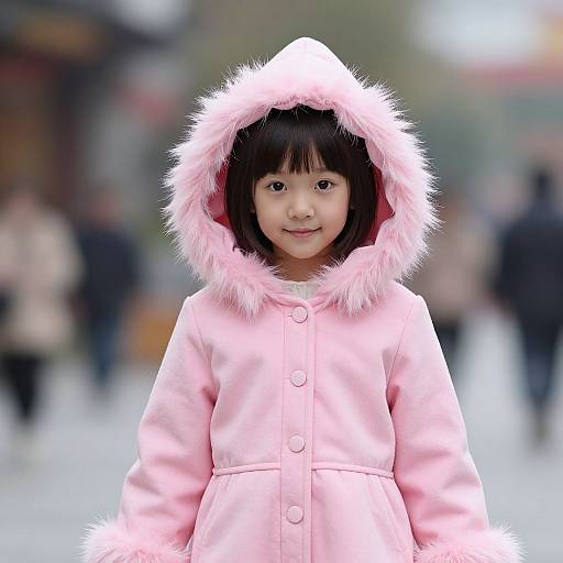 Photograph of an Asian girl with straight black hair, wearing a pink hooded coat with fluffy trim, smiling outdoors in a blurred, busy urban setting