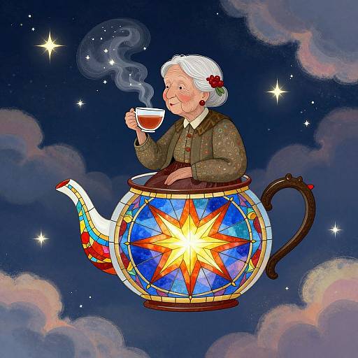 Illustration of an elderly woman with white hair, red flower hairpiece, brown dress, sipping tea from a glowing, star-patterned teapot