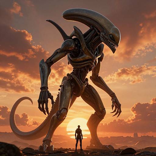 Digital artwork of a silhouetted, towering Xenomorph against a dramatic sunset, with a small human figure standing in front. Orange and red