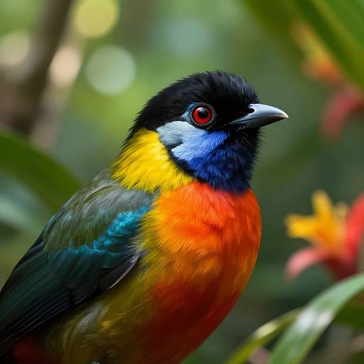 Photograph of a vividly colored male Red-billed Leiothrix bird with black head, blue throat, yellow chest, and red-orange breast