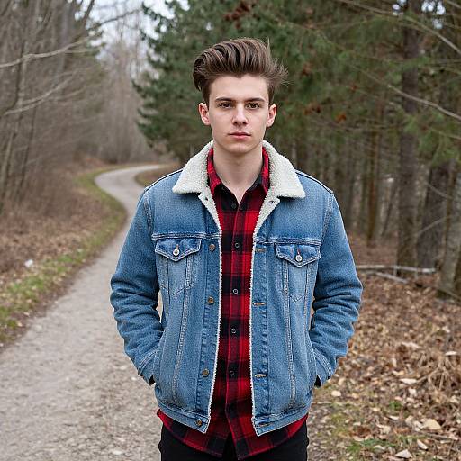 Photograph of a young white man with dark hair, wearing a blue denim jacket with white fur collar, red plaid shirt, standing on a forest