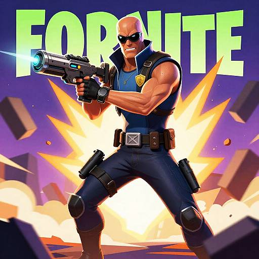 Digital art of muscular bald man in blue police vest, sunglasses, and black pants, firing blue-lit gun amidst explosive background. Bold 