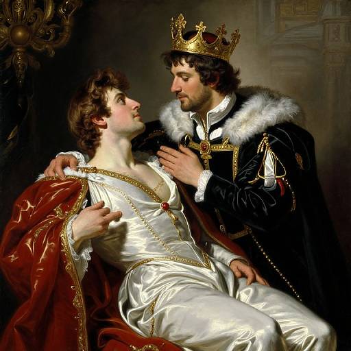 Photorealistic painting of a king in a black velvet robe with fur collar, gold crown, and white shirt, gazing at a seated queen in