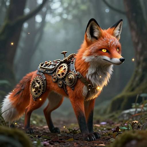 Steampunk Clockwork Fox in Misty Forest