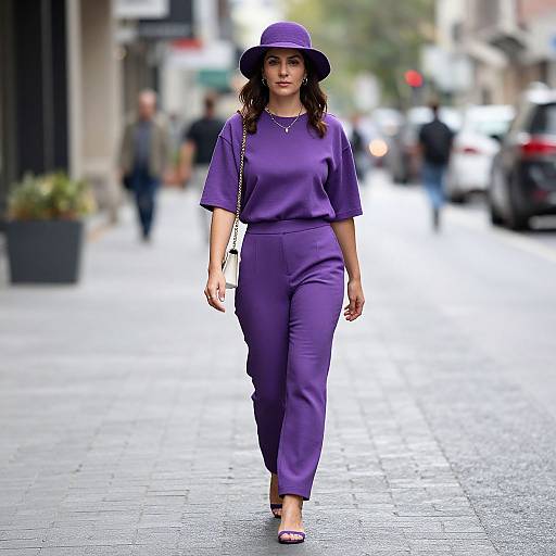 Photograph of a woman in a vibrant purple outfit, including a hat and pants, walking confidently on a city street.
