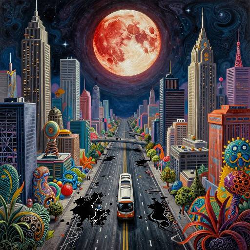 Digital artwork of a surreal cityscape at night, with a large red full moon, colorful buildings, and a white bus on a cracked street, surrounded