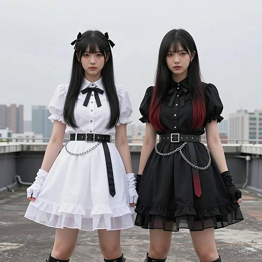 Two Young Women in Goth-Inspired Dresses on Rooftop