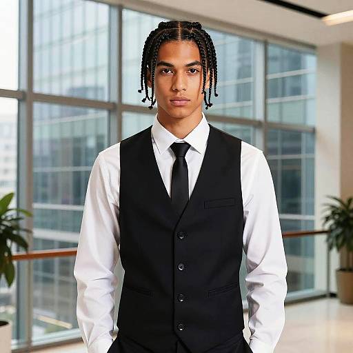 Photograph of a young Black man with braided hair, wearing a white shirt, black vest, and tie, standing in a modern office with large
