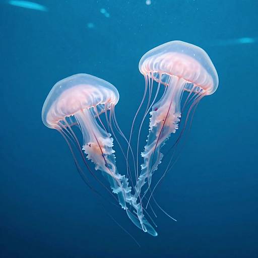 Photograph of two glowing, translucent jellyfish with long, flowing tentacles, floating in a deep blue underwater ocean background.