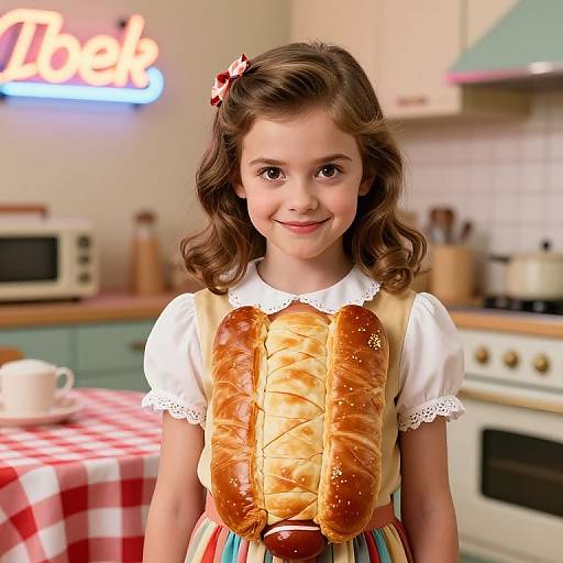 Young girl with curly brown hair, wearing a white dress and red bow, holds a giant, golden-brown pretzel in a vintage kitchen with a
