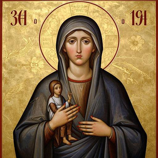 Digital artwork of the Virgin Mary with a gold halo, blue cloak, holding baby Jesus, numbers 