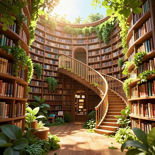 Photograph-like CGI of a sunlit, circular library with wooden shelves, lush green plants, spiral staircase, and books filling every wall.