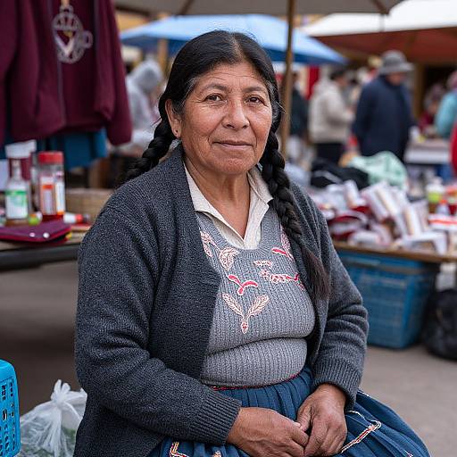 Photograph of an elderly Indigenous woman with braided hair, wearing a gray cardigan and embroidered top, sitting at a bustling outdoor market stall.