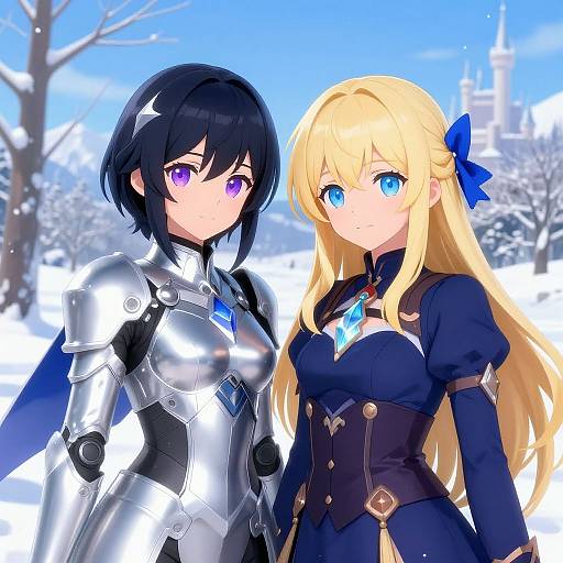 Digital anime-style artwork of two female characters in winter; one with black hair and purple eyes in silver armor, the other with blonde hair and blue eyes